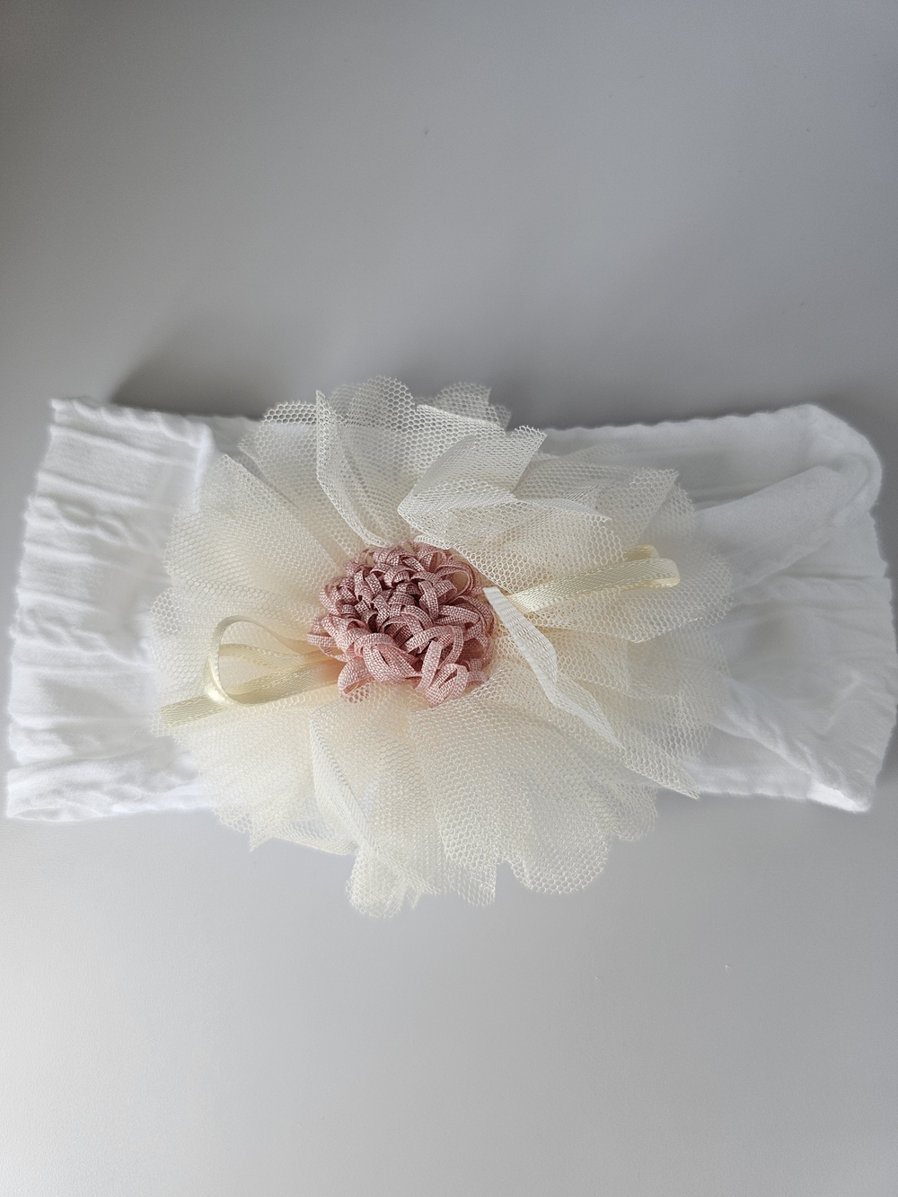 White Headband with Cream Tulle Flower